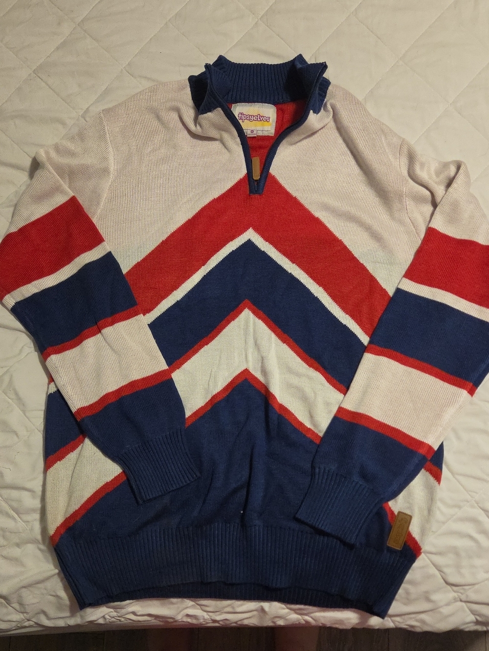 TipsyElves Navy, Red & White Chevron Zip Sweater- Xxl